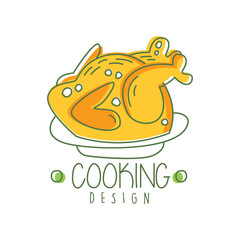 Hand drawn cooking logo original design with baked chicken on a plate