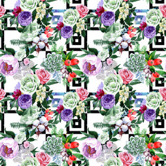Bouquet flower pattern in a watercolor style. Full name of the plant: rose, hulthemia, rosa. Aquarelle wild flower for background, texture, wrapper pattern, frame or border.