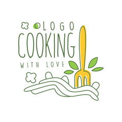 Cooking with love logo design with illustration of fork in pasta. Abstract line art drawing of homemade noodles. Hand drawn vector on white.