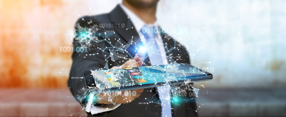 Businessman using digital binary code on mobile phone 3D rendering