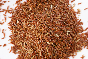 red (brown) rice, white background