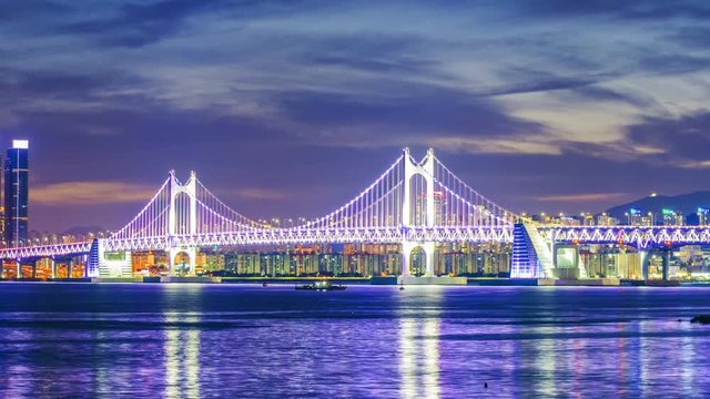 Timelapse of Gwangan Bridge and Haeundae at Sunset, Busan City, South Korea.Timelapse 4k