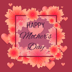 Bright floral greeting card for happy women's day, mother's day, 8 march. Square background with red flowers and hearts for spring events card design, spring cloth collection advertisement