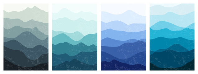 Beautiful mountains landscapes in different colors. Set of layered vertical backgrounds. Stylish outdoor card templates. Textured vector illustration for posters, banners, leaflets and covers design.