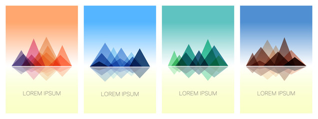 Triangle mountains ridges on colorful backgrounds. Set of stylish outdoor card templates. Abstract mountains in geometric style. Vector illustration for posters, banners, leaflets, emblems and logos.