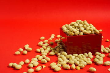 日本の年中行事　節分、豆まき　赤色背景