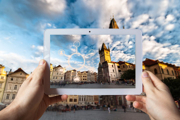 Augmented reality concept. Hand holding smart phone use AR application.