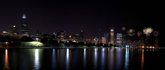 Chicago night skyline with fireworks, Usa. © StockPhotoAstur