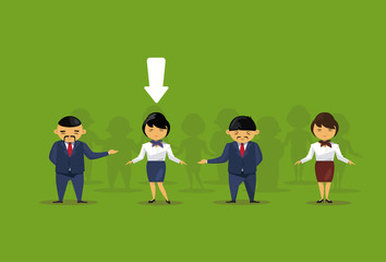 Recruitment Concept Arrow Pointing At Businesswoman From Group Of Asian Business People Picking Candidate For Vacancy Position, Human Resources And Success Flat Vector Illustration