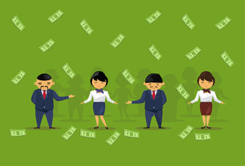 Team Of Asian Business People Holding Dollar Banknotes Salary Or Financial Success Wealth Profit Concept Flat Vector Illustration