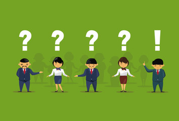 Asian Business People With Question And Exclamation Marks Over Green Background Chinese Office Workers Group Flat Vector Illustration