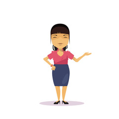 Cartoon Asian Business Woman Holding Hand Gesture Presenting Or Showing Isolated Over White Background Flat Vector Illustration