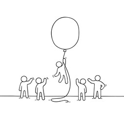 Doodle cute miniature scene of workers with balloon.