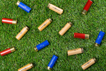 a large number of scattered hunting bullets on a green lawn as a background