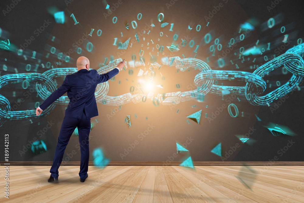 Poster businessman in front of a wall with weak link of a broken blockchain exploding - 3d render
