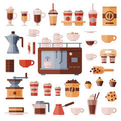 Coffee set vector coffeemachine with coffeecups for hot espresso or cappuccino and beverages with caffeine in plastic cups takeaway in coffeeshop illustration isolated on white background