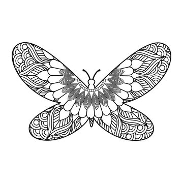 hand drawn for adult coloring pages with butterfly zentangle monochrome sketch vector illustration