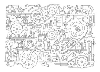 Sketch of people teamwork, gears, production