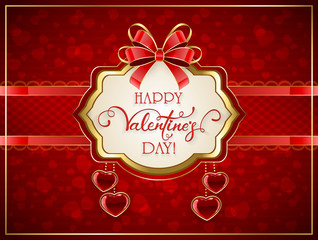 Valentines card with red hearts and bow
