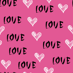 Seamless Pattern With Sketch Hearts And Love Lettering Valentines Day Background Vector Illustration