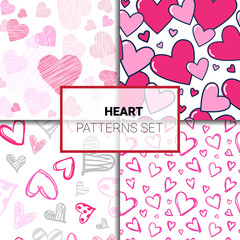 Set Of Patterns With Colorful Hearts Doodle Seamless Valentines Day Background Vector Illustration