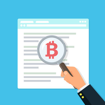 Close-up of businessman hand holding a magnifying glass on a website page with information about bitcoins. Bitcoin business concept.
