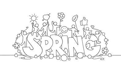 Sketch of little people with big word Spring.
