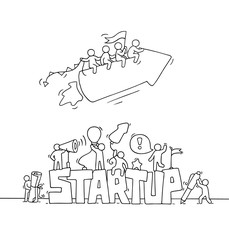 little people with fly arrow, word Startup.