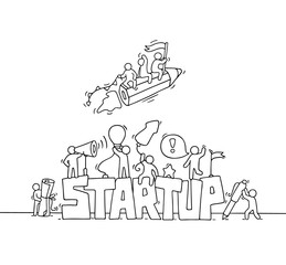 people with fly pencil, word Startup