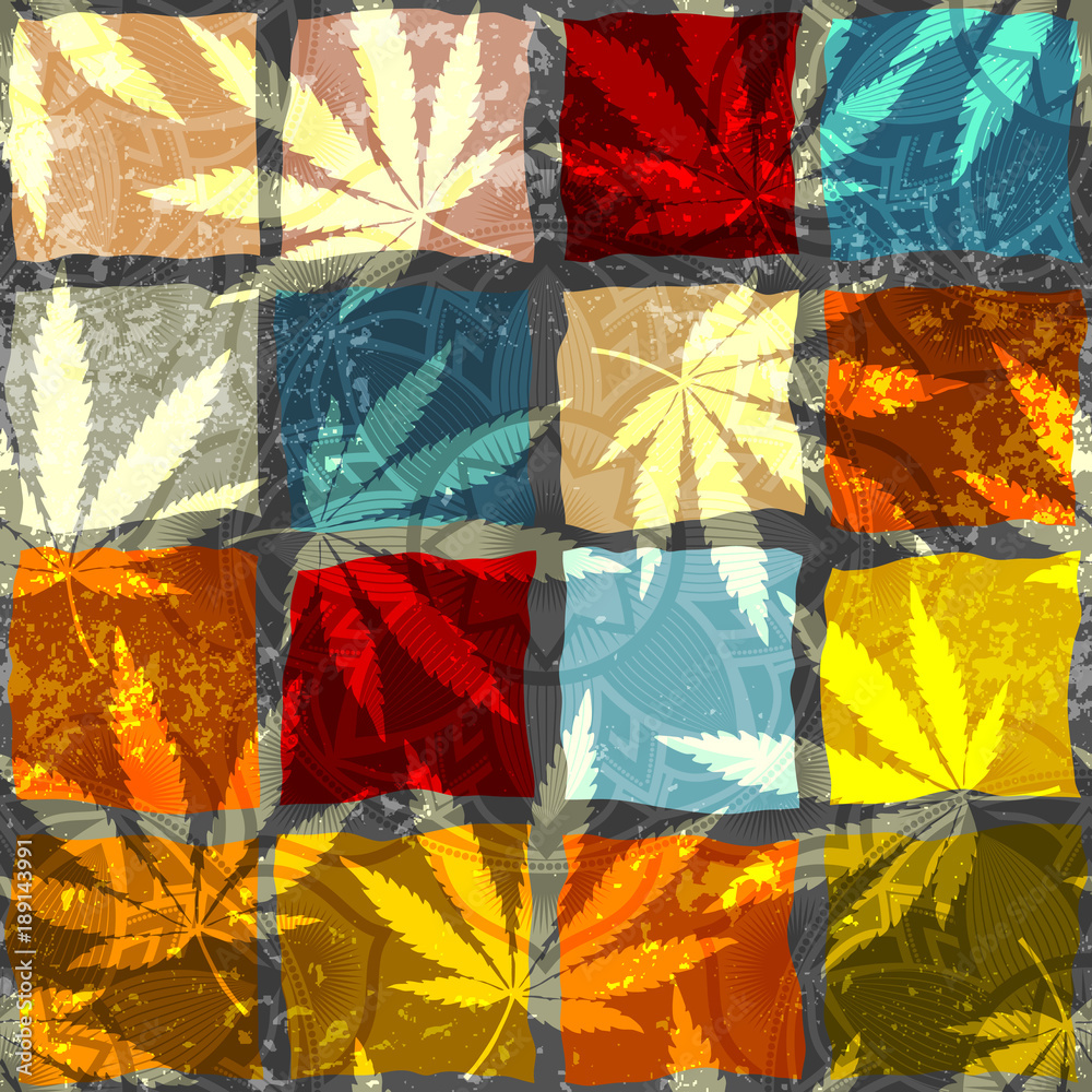 Poster seamless background pattern. grunge ethnic background and hemp leaves.
