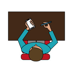 Man with smartphone on desk icon vector illustration graphic design