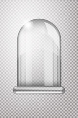 Magic crystal flask of glass. Empty snow bulb. White transparent glass flask on a stand. Vector christmas glass bulb on transparent background. Transparent object for design, mock-up
