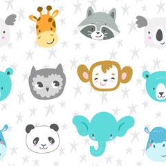 Seamless vector pattern with cute smiling animal heads. Cartoon elephant, monkey, raccoon, panda, owl, giraffe, bear, koala and hippo. Funny zoo characters.