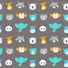 Seamless vector pattern with cute smiling animal heads. Cartoon elephant, monkey, raccoon, panda, owl, giraffe, bear, koala and hippo. Funny zoo characters.