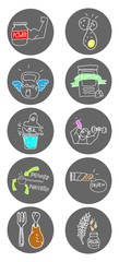 healthy lifestyle, a set of 10 icons, fitness equipment, workout in the gym, healthy food, vector image, doodles style, color image