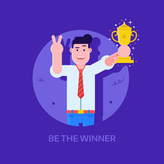 Leading manager or businessman with prize cup icon. Happy office man holding trophy. Achievement, award and first place concept. Be the winner successful career illustration with young professinal.