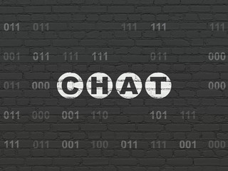 Web design concept: Painted white text Chat on Black Brick wall background with Binary Code