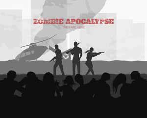 Poster Zombie apocalypse. Silhouettes of gunmans and dead peoples on helicopter background. Video game: shooter. Horror thriller. Nightmare monsters. Vector ilustration