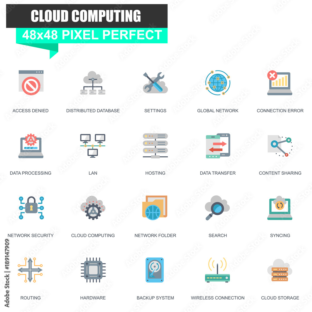 Poster Modern flat network and cloud technology icons set for website and mobile site and apps. Contains such Icons as Cloud Computing, Hosting. 48x48 Pixel Perfect. Editable Stroke. Vector illustration.