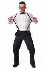 funny handsome guy with suspenders and bow tie