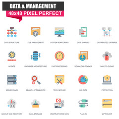 Modern flat data organization and management icons set for website and mobile site and apps. Contains such Icons as Sharing, Protection. 48x48 Pixel Perfect. Editable Stroke. Vector illustration.