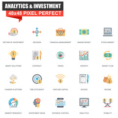Modern flat analytics and investment icons set for website and mobile site and apps. Contains such Icons as Vision, Money, Funding, Decision. 48x48 Pixel Perfect. Editable Stroke. Vector illustration.