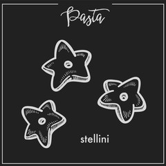 Pasta Stellini stars chalk sketch for Italian cuisine menu or packaging design on black background