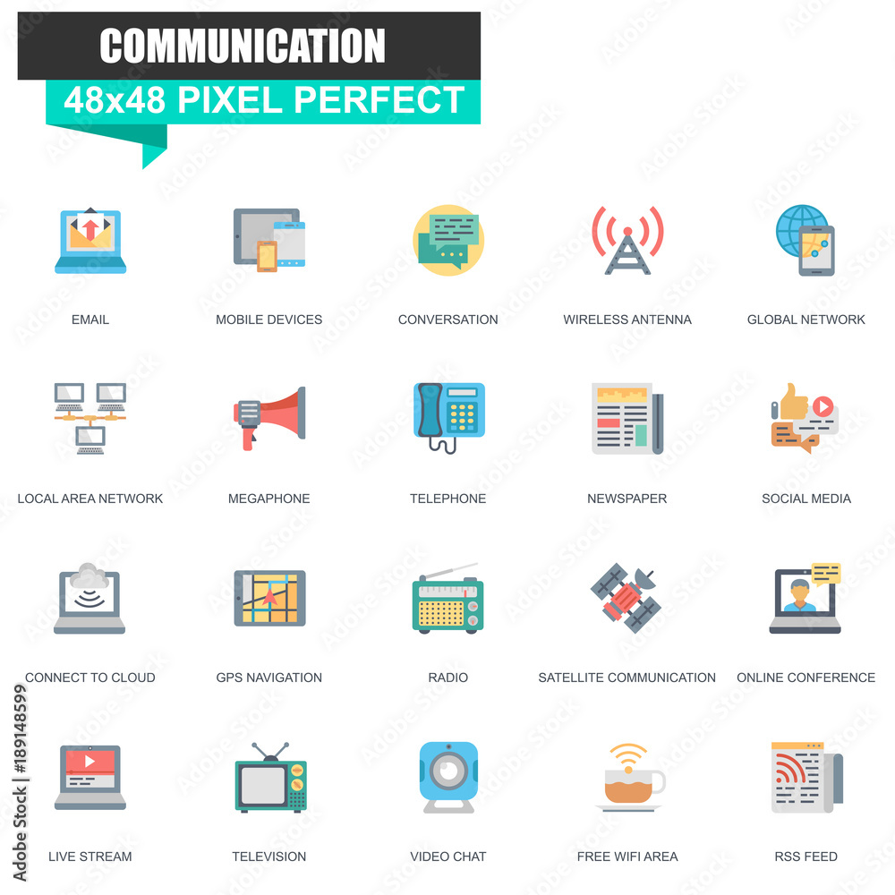 Poster Modern flat communication and connectivity icons set for website and mobile site and apps. Contains such Icons as Megaphone, Mobile, Social. 48x48 Pixel Perfect. Editable Stroke. Vector illustration.