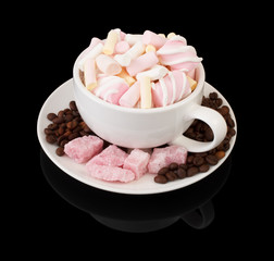 Sweet marshmallow ingredient for coffee with coffee beens and strawberry lump sugar