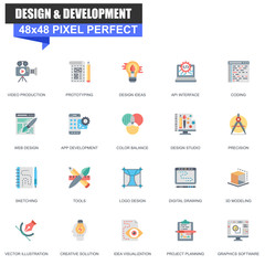 Modern flat design and development icons set for website and mobile site and apps. Contains such Icons as Prototyping, Creative, API. 48x48 Pixel Perfect. Editable Stroke. Vector illustration.