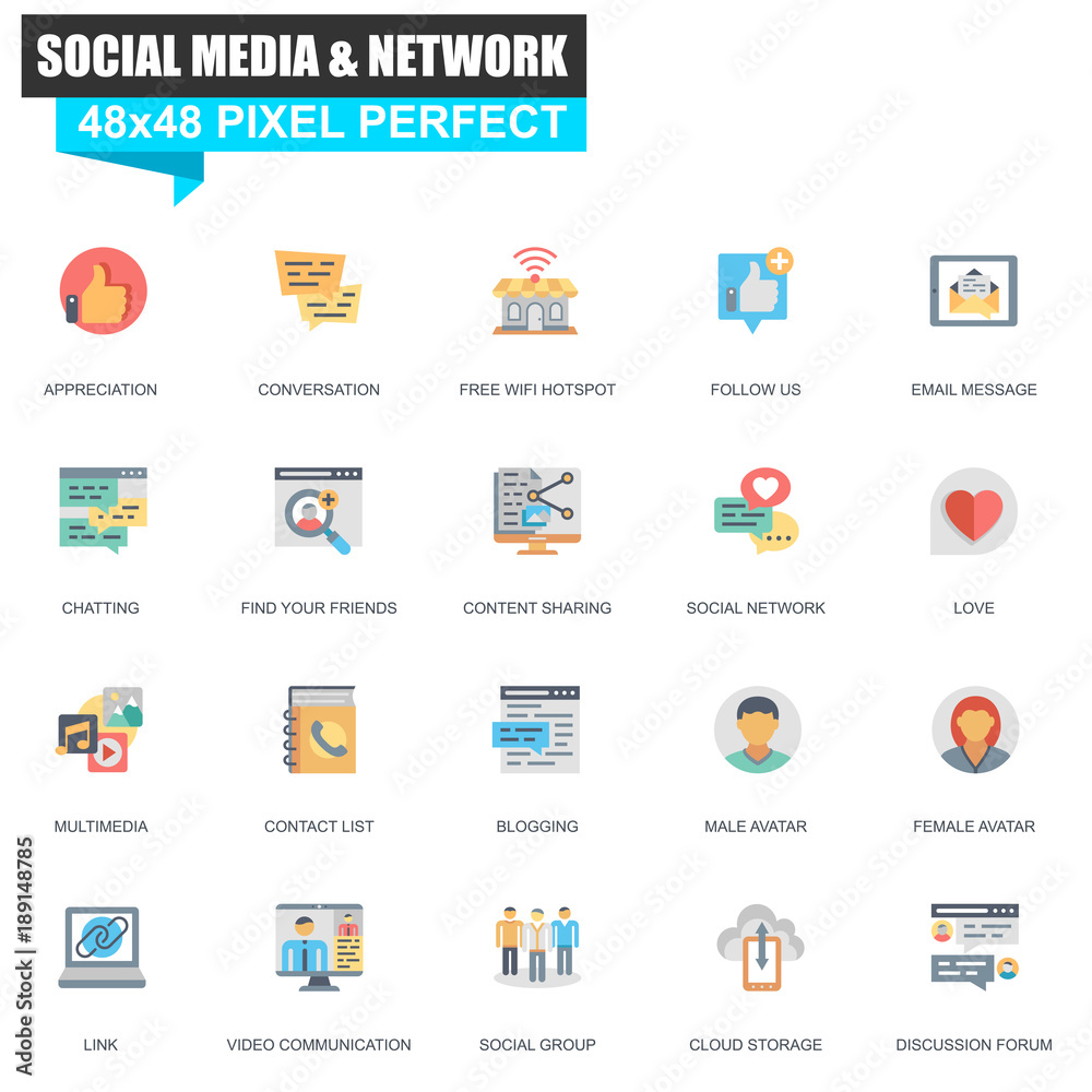 Aufkleber Modern flat social media and network icons set for website and mobile site and apps. Contains such Icons as Follow, Multimedia, Conversation. 48x48 Pixel Perfect. Editable Stroke. Vector illustration.