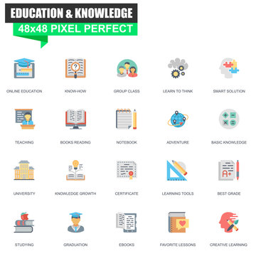 Modern flat online education and knowledge icons set for website and mobile site and apps. Contains such Icons as Adventure, Study, Book. 48x48 Pixel Perfect. Editable Stroke. Vector illustration.