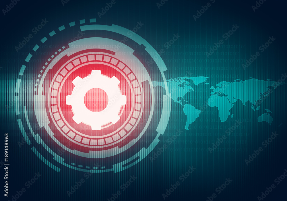 Poster abstract digital concept touch screen interface with gear icon on circuit element and world map. for
