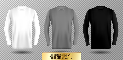 Three shades of white, gray and black long sleeve t-shirt. Vector mock up.